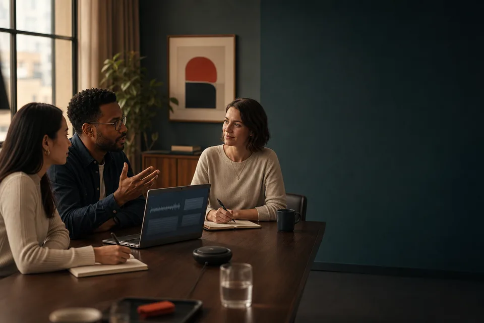 Three colleagues in a meeting around a laptop and conference microphone